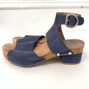 Dansko Womens 36 Sandals Minka Ankle Strap Blue Suede Buckle Open Toe Block Heel